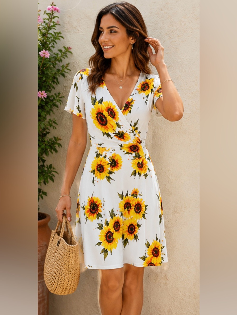 DB Noon Sunflower Floral Faux White Wrap Knee Length Dress NWT M